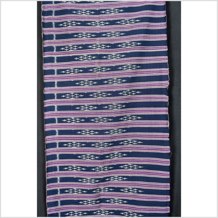 Ikat tribal tapestry, indigo blue, black, gray and purple stripe pattern runner, Laos Tai Lue boho ethnic home decor, handwoven cotton skirt sarong Asian fabric OB20