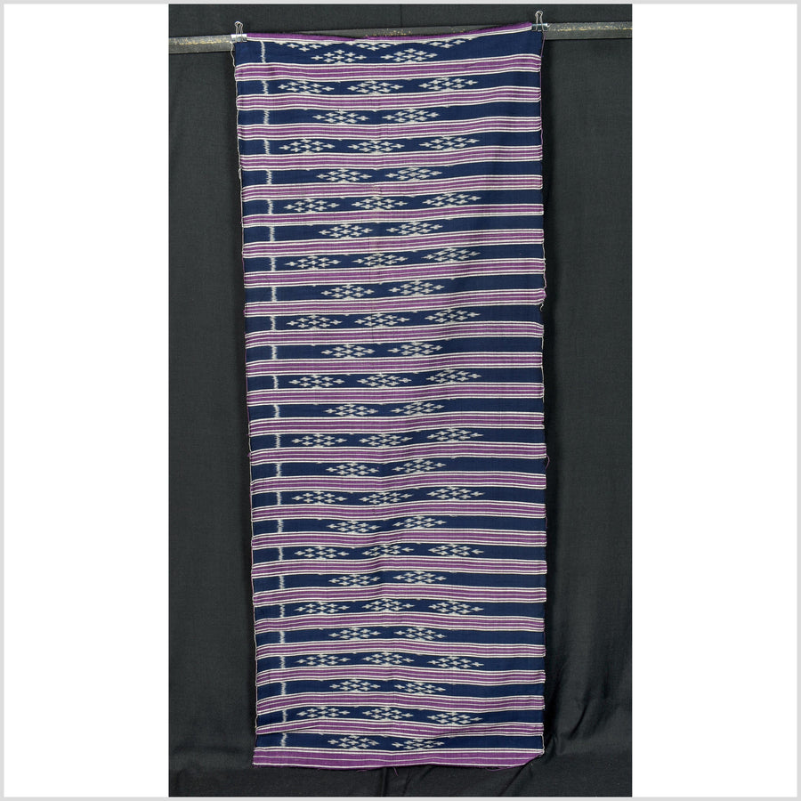 Ikat tribal tapestry, indigo blue, black, gray and purple stripe pattern runner, Laos Tai Lue boho ethnic home decor, handwoven cotton skirt sarong Asian fabric OB20