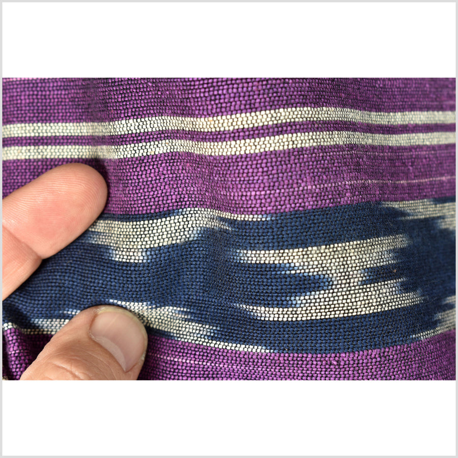 Ikat tribal tapestry, indigo blue, black, gray and purple stripe pattern runner, Laos Tai Lue boho ethnic home decor, handwoven cotton skirt sarong Asian fabric OB21