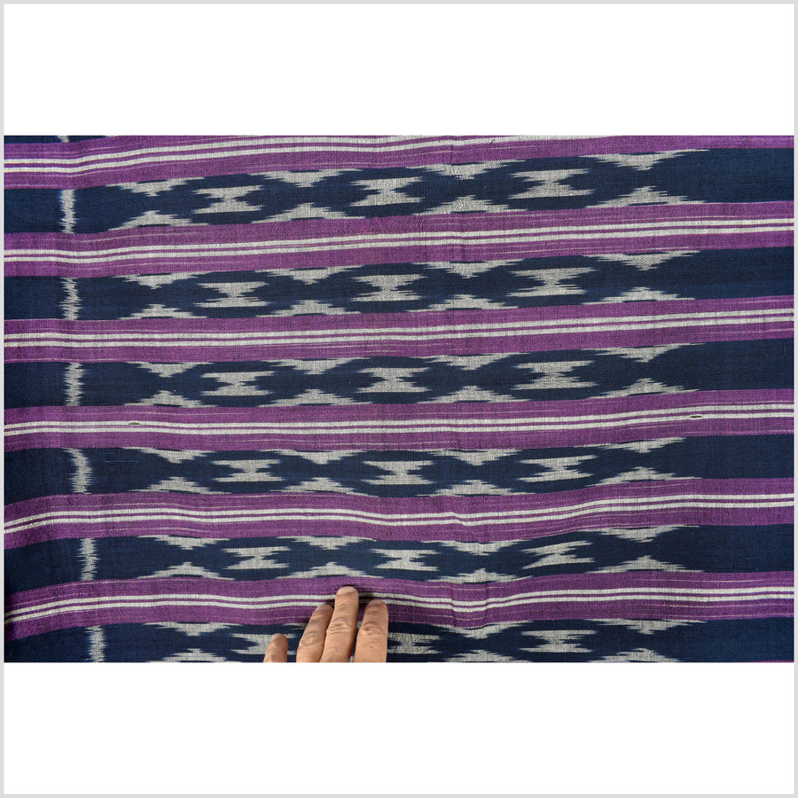 Ikat tribal tapestry, indigo blue, black, gray and purple stripe pattern runner, Laos Tai Lue boho ethnic home decor, handwoven cotton skirt sarong Asian fabric OB21