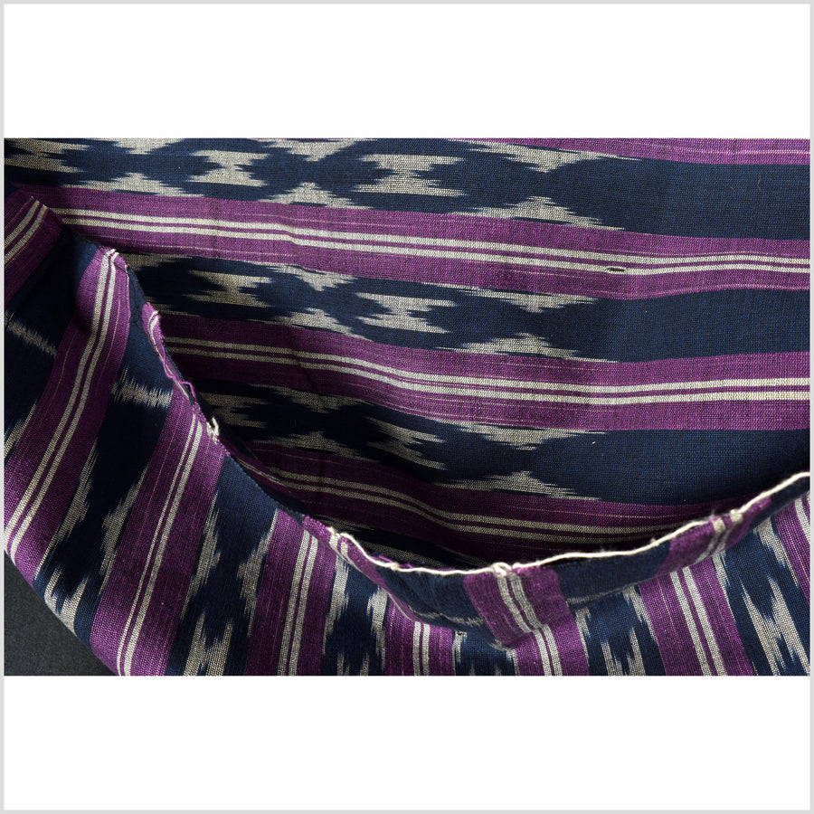 Ikat tribal tapestry, indigo blue, black, gray and purple stripe pattern runner, Laos Tai Lue boho ethnic home decor, handwoven cotton skirt sarong Asian fabric OB21