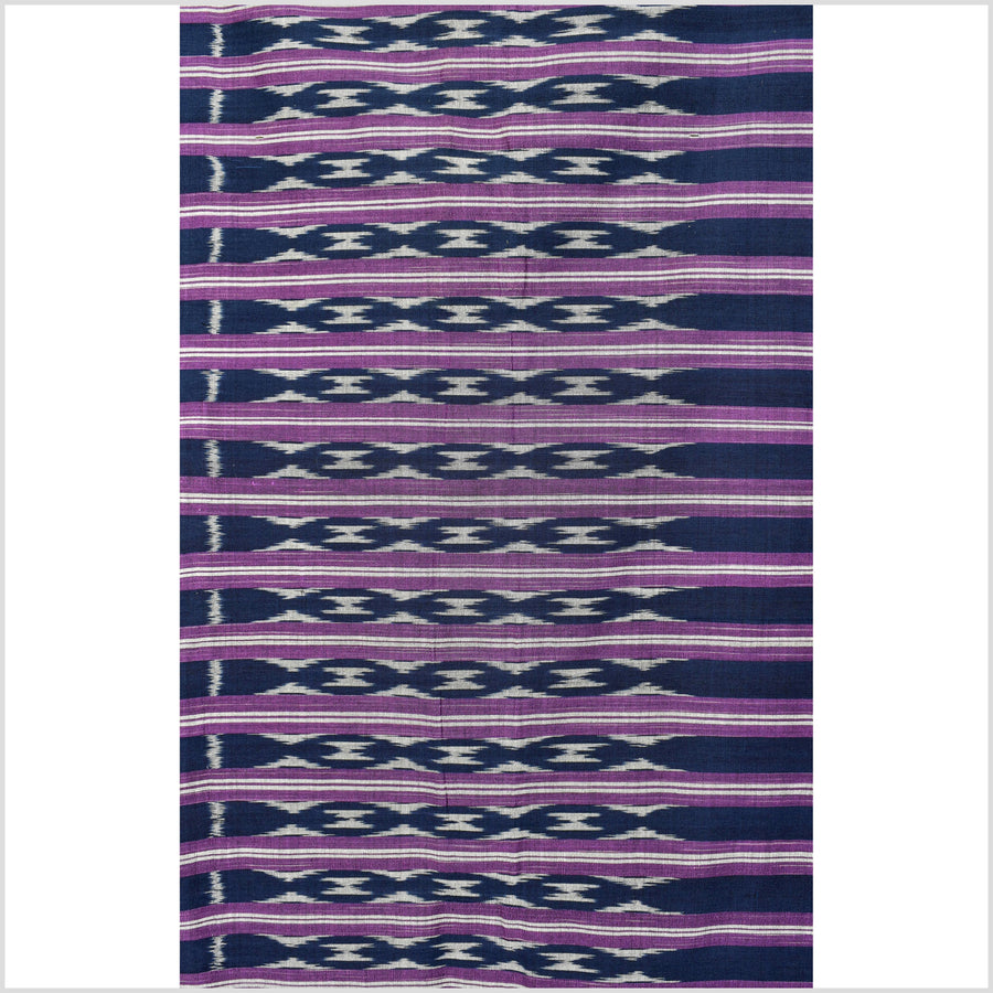 Ikat tribal tapestry, indigo blue, black, gray and purple stripe pattern runner, Laos Tai Lue boho ethnic home decor, handwoven cotton skirt sarong Asian fabric OB21