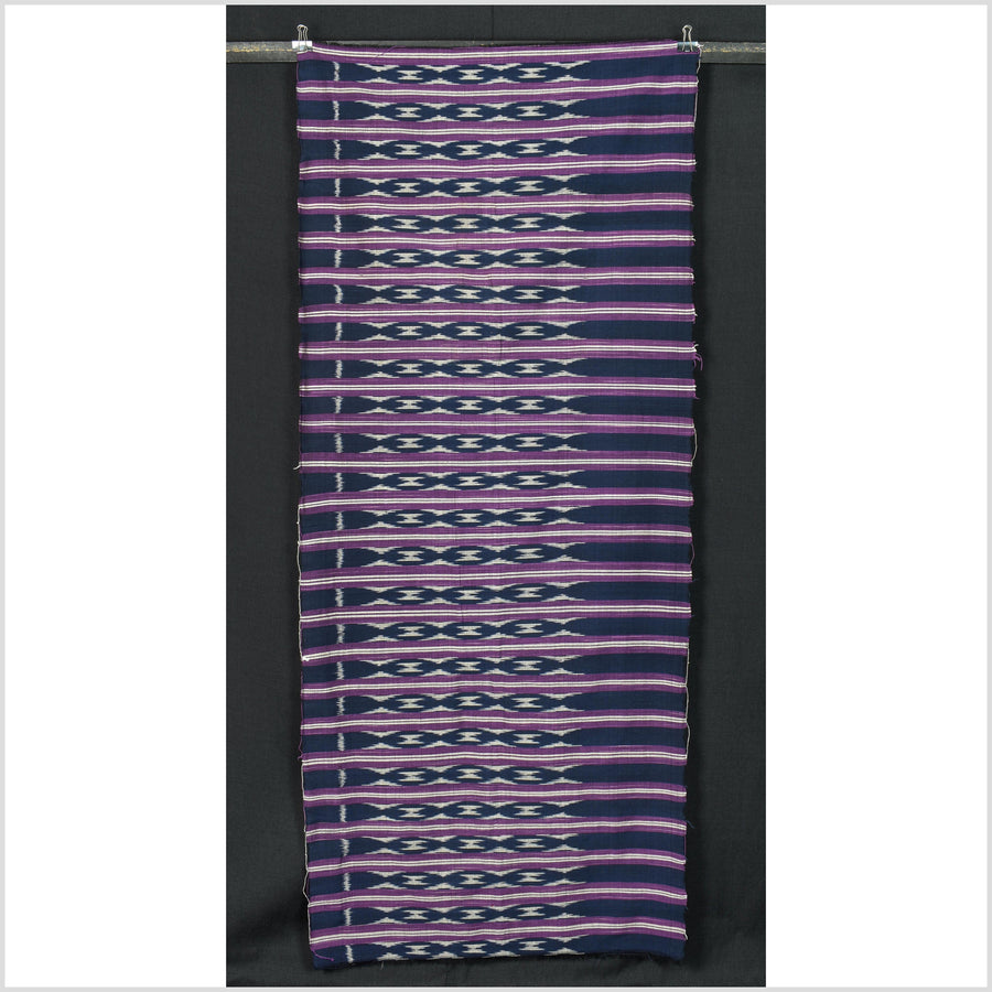 Ikat tribal tapestry, indigo blue, black, gray and purple stripe pattern runner, Laos Tai Lue boho ethnic home decor, handwoven cotton skirt sarong Asian fabric OB21