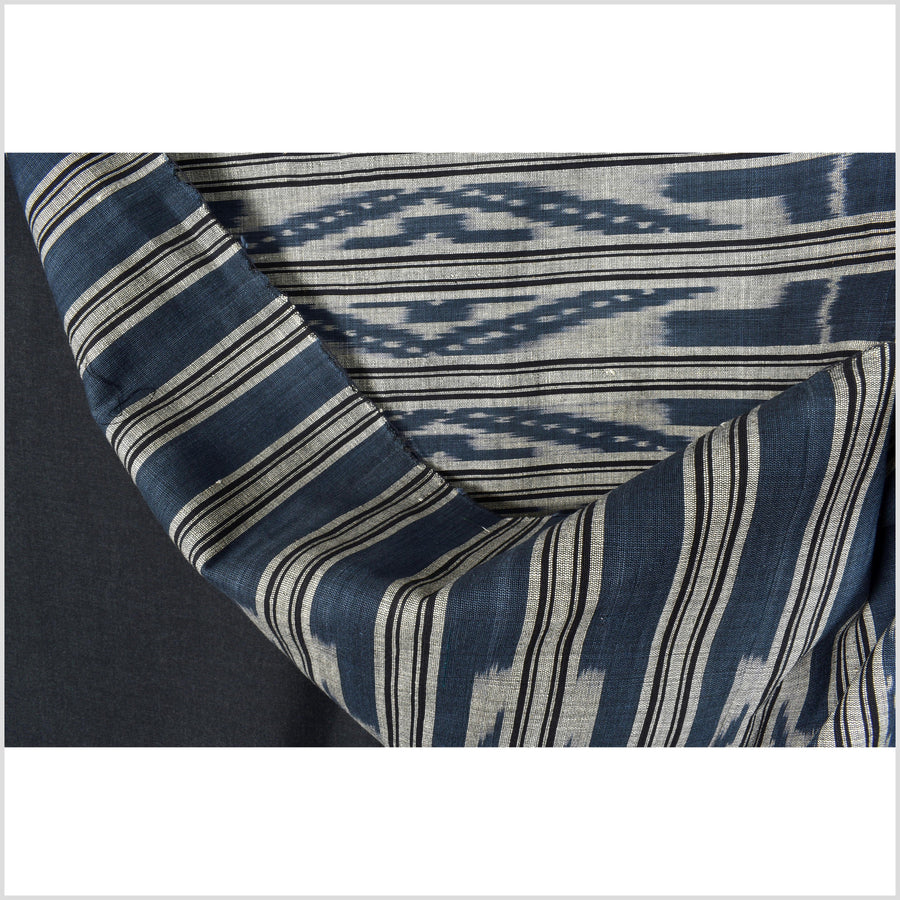 Ikat tribal tapestry, indigo blue, black & gray geometric pattern runner, Laos Tai Lue boho ethnic home decor, handwoven cotton skirt sarong Asian fabric OB22