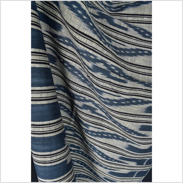 Ikat tribal tapestry, indigo blue, black & gray geometric pattern runner, Laos Tai Lue boho ethnic home decor, handwoven cotton skirt sarong Asian fabric OB22