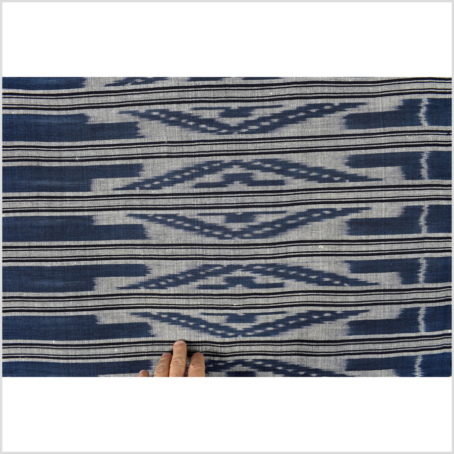 Ikat tribal tapestry, indigo blue, black & gray geometric pattern runner, Laos Tai Lue boho ethnic home decor, handwoven cotton skirt sarong Asian fabric OB22