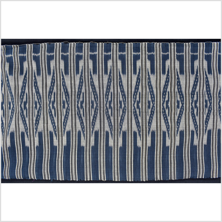 Ikat tribal tapestry, indigo blue, black & gray geometric pattern runner, Laos Tai Lue boho ethnic home decor, handwoven cotton skirt sarong Asian fabric OB22