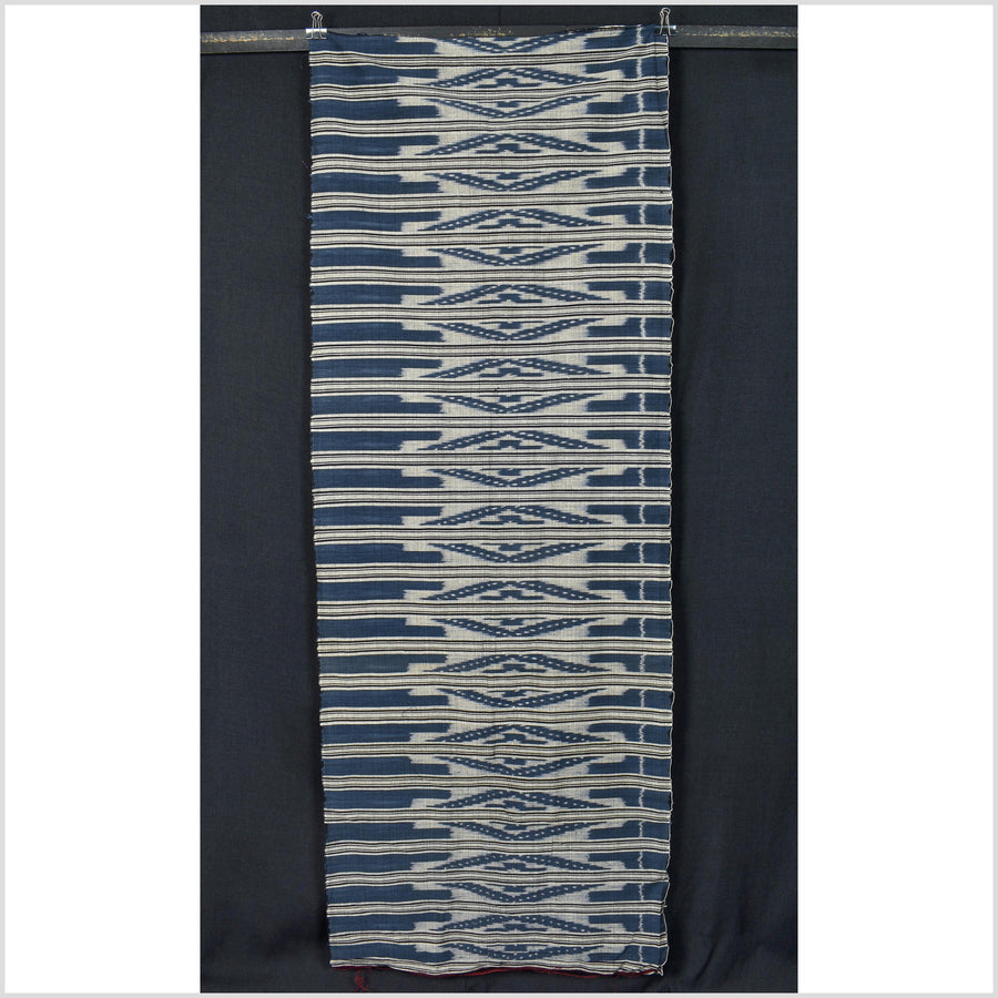 Ikat tribal tapestry, indigo blue, black & gray geometric pattern runner, Laos Tai Lue boho ethnic home decor, handwoven cotton skirt sarong Asian fabric OB22