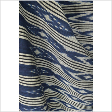 Ikat tribal tapestry, indigo blue, black & gray geometric pattern runner, Laos Tai Lue boho ethnic home decor, handwoven cotton skirt sarong Asian fabric OB23