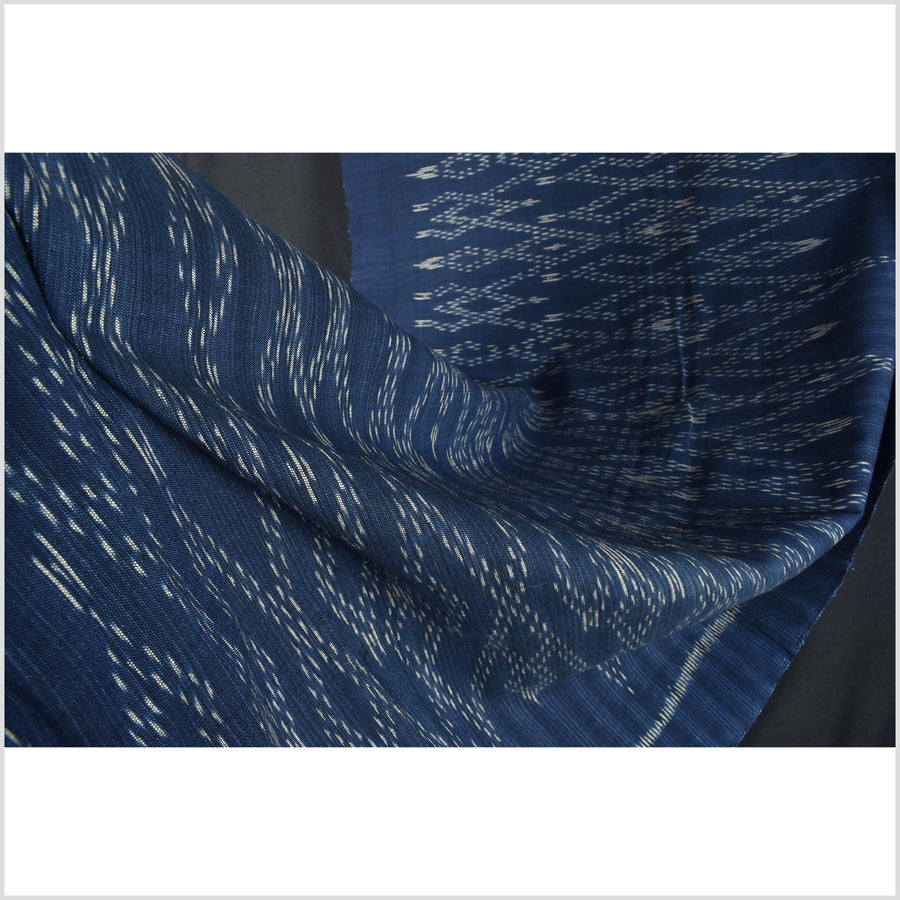 Ikat tribal tapestry, indigo blue, black & gray geometric pattern runner, Laos Tai Lue boho ethnic home decor, handwoven cotton skirt sarong Asian fabric OB24