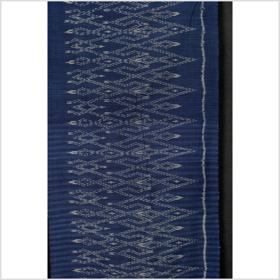 Ikat tribal tapestry, indigo blue, black & gray geometric pattern runner, Laos Tai Lue boho ethnic home decor, handwoven cotton skirt sarong Asian fabric OB24