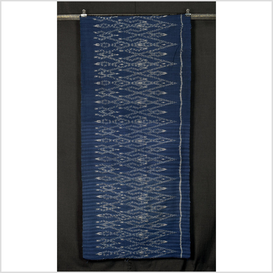 Ikat tribal tapestry, indigo blue, black & gray geometric pattern runner, Laos Tai Lue boho ethnic home decor, handwoven cotton skirt sarong Asian fabric OB24