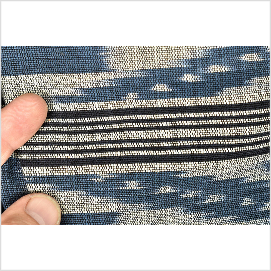 Ikat tribal tapestry, indigo blue, black & gray geometric pattern runner, Laos Tai Lue boho ethnic home decor, handwoven cotton skirt sarong Asian fabric OB25