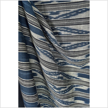 Ikat tribal tapestry, indigo blue, black & gray geometric pattern runner, Laos Tai Lue boho ethnic home decor, handwoven cotton skirt sarong Asian fabric OB25