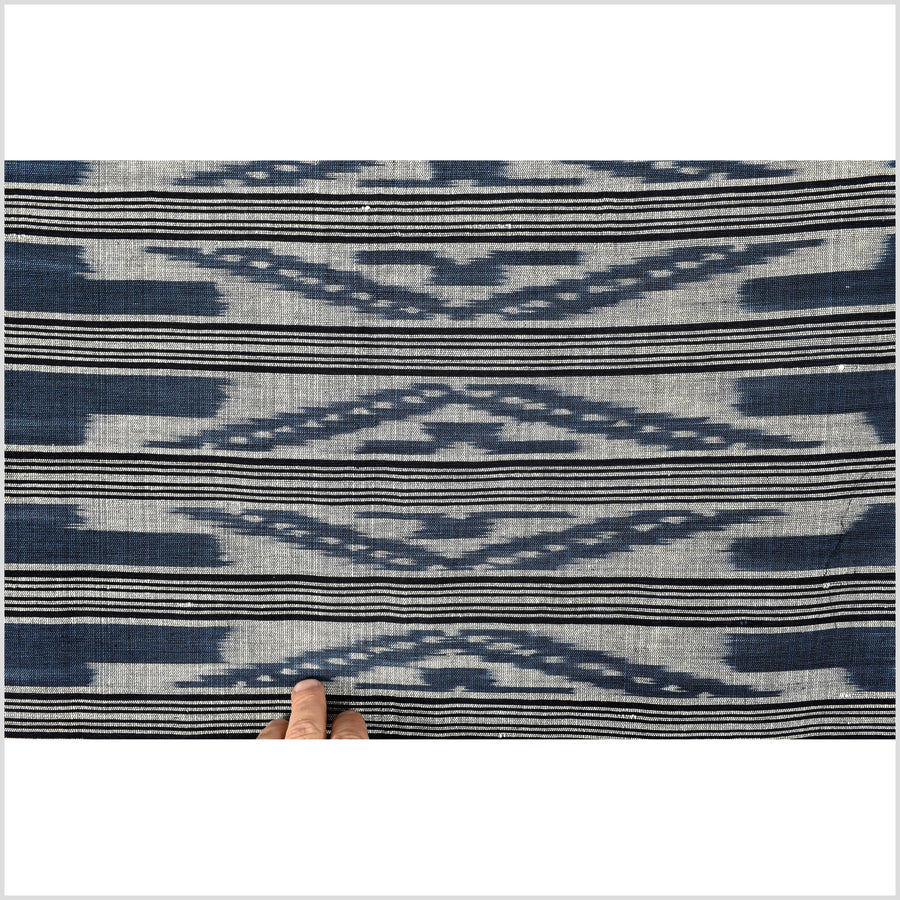 Ikat tribal tapestry, indigo blue, black & gray geometric pattern runner, Laos Tai Lue boho ethnic home decor, handwoven cotton skirt sarong Asian fabric OB25