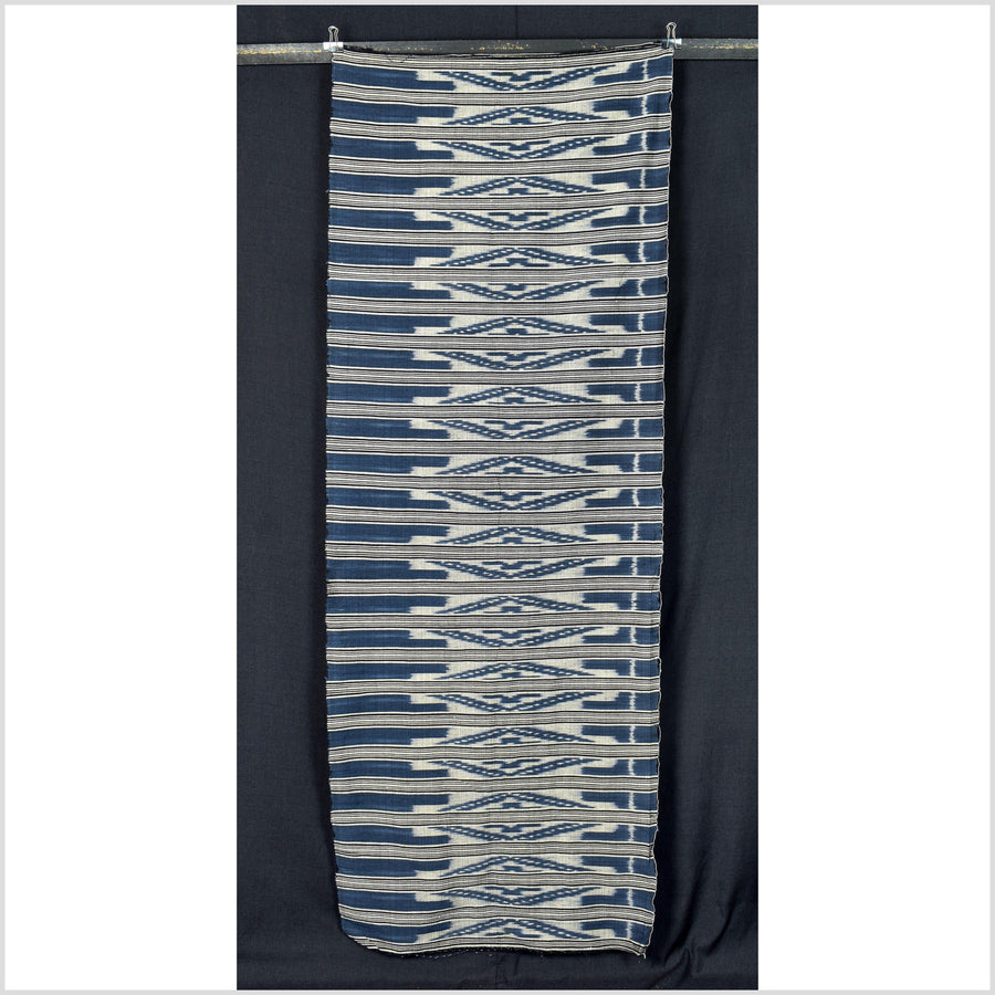 Ikat tribal tapestry, indigo blue, black & gray geometric pattern runner, Laos Tai Lue boho ethnic home decor, handwoven cotton skirt sarong Asian fabric OB25