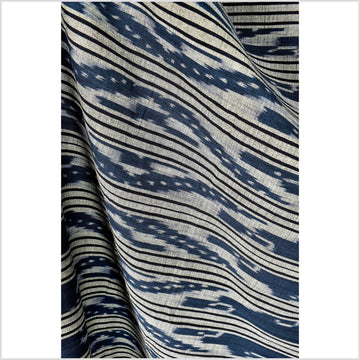 Ikat tribal tapestry, indigo blue, black & gray geometric pattern runner, Laos Tai Lue boho ethnic home decor, handwoven cotton skirt sarong Asian fabric OB26