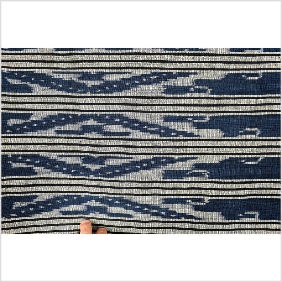 Ikat tribal tapestry, indigo blue, black & gray geometric pattern runner, Laos Tai Lue boho ethnic home decor, handwoven cotton skirt sarong Asian fabric OB26