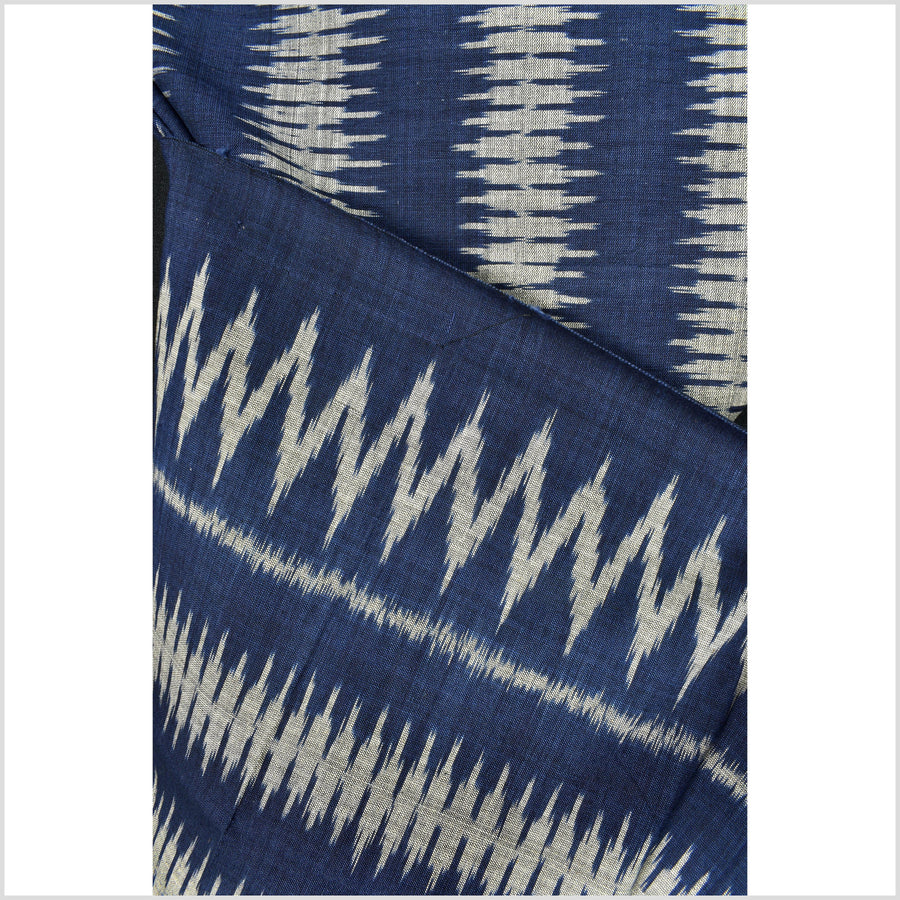 Ikat tribal tapestry, indigo blue, black & gray geometric pattern runner, Laos Tai Lue boho ethnic home decor, handwoven cotton skirt sarong Asian fabric OB27