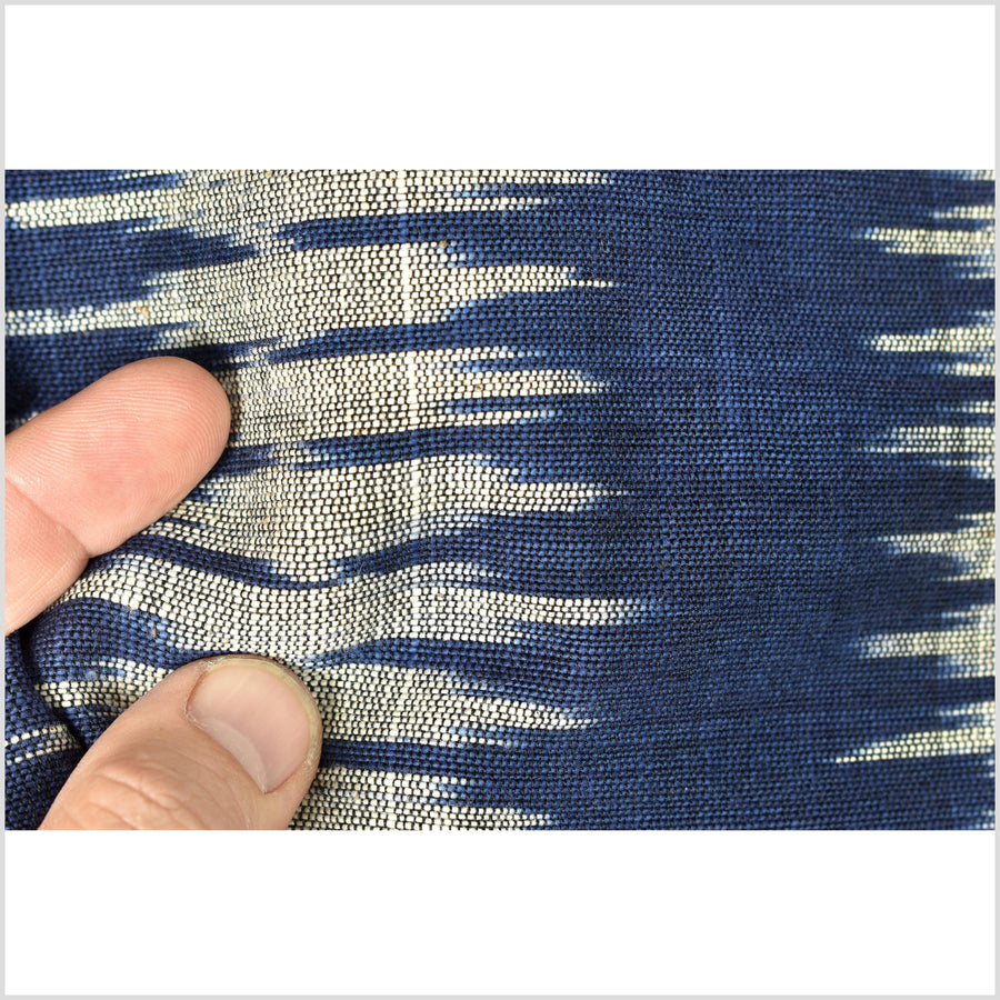 Ikat tribal tapestry, indigo blue, black & gray geometric pattern runner, Laos Tai Lue boho ethnic home decor, handwoven cotton skirt sarong Asian fabric OB27