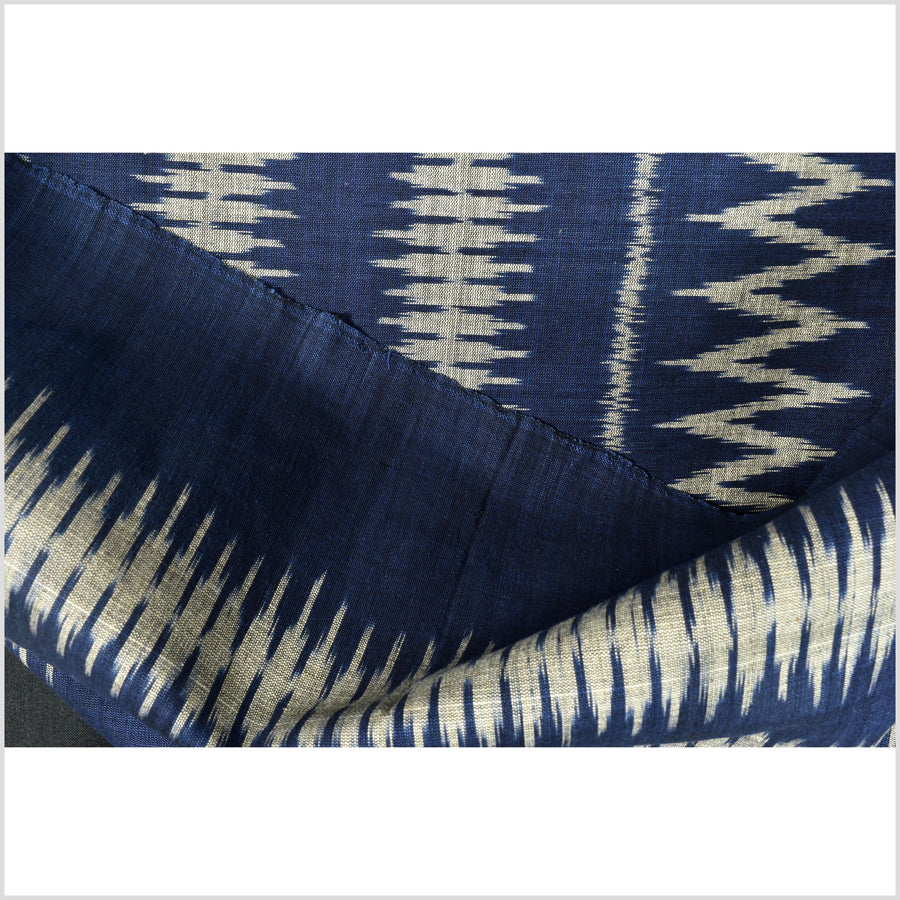 Ikat tribal tapestry, indigo blue, black & gray geometric pattern runner, Laos Tai Lue boho ethnic home decor, handwoven cotton skirt sarong Asian fabric OB27