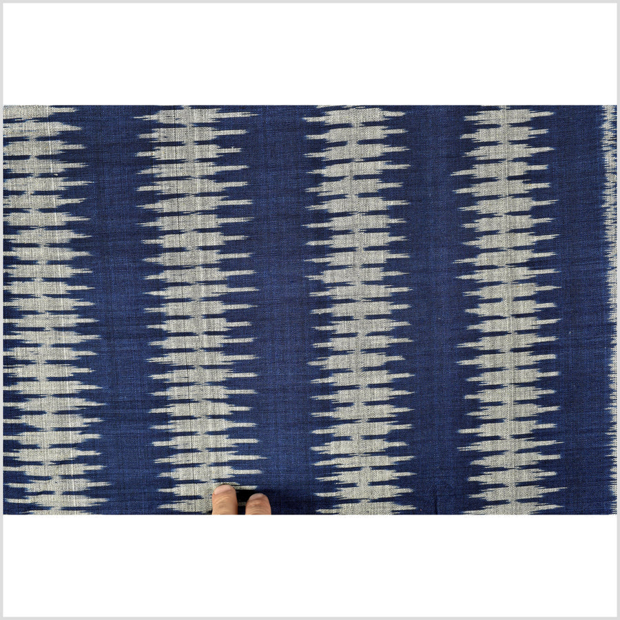 Ikat tribal tapestry, indigo blue, black & gray geometric pattern runner, Laos Tai Lue boho ethnic home decor, handwoven cotton skirt sarong Asian fabric OB27