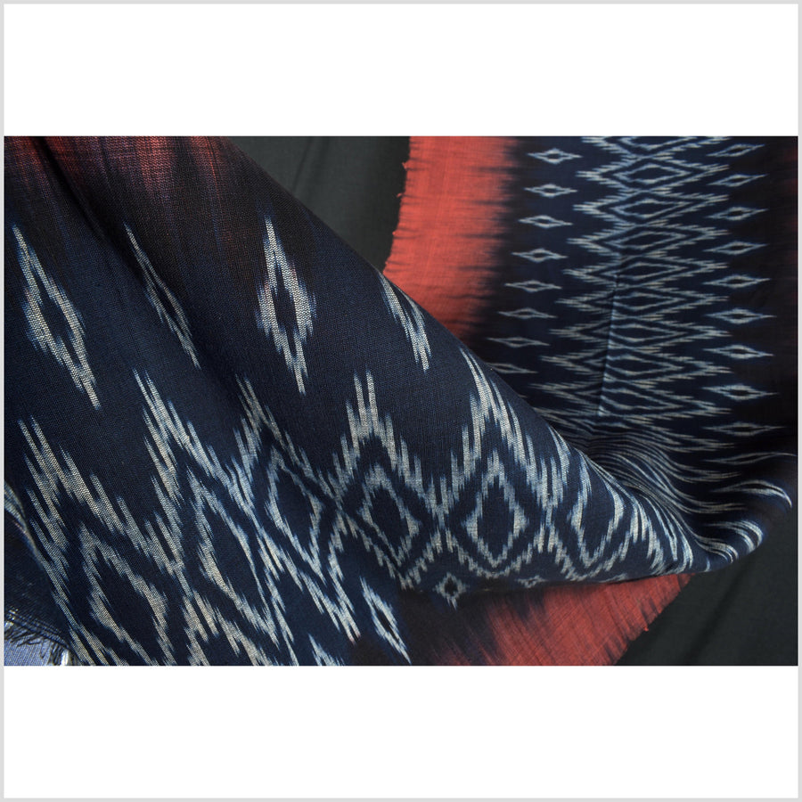 Ikat tribal tapestry, indigo blue, black, gray and red geometric pattern runner, Laos Tai Lue boho ethnic home decor, handwoven cotton skirt sarong Asian fabric OB28