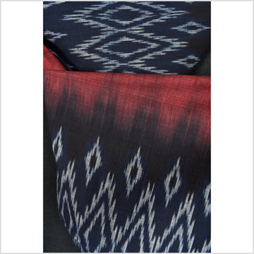 Ikat tribal tapestry, indigo blue, black, gray and red geometric pattern runner, Laos Tai Lue boho ethnic home decor, handwoven cotton skirt sarong Asian fabric OB28