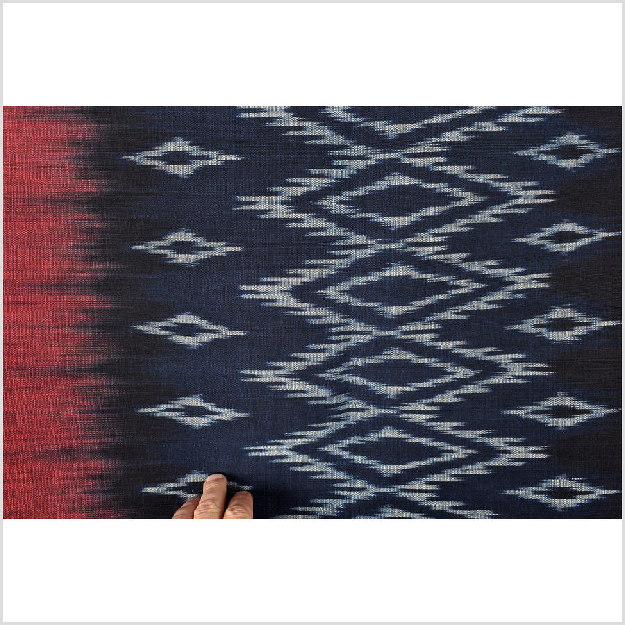 Ikat tribal tapestry, indigo blue, black, gray and red geometric pattern runner, Laos Tai Lue boho ethnic home decor, handwoven cotton skirt sarong Asian fabric OB28