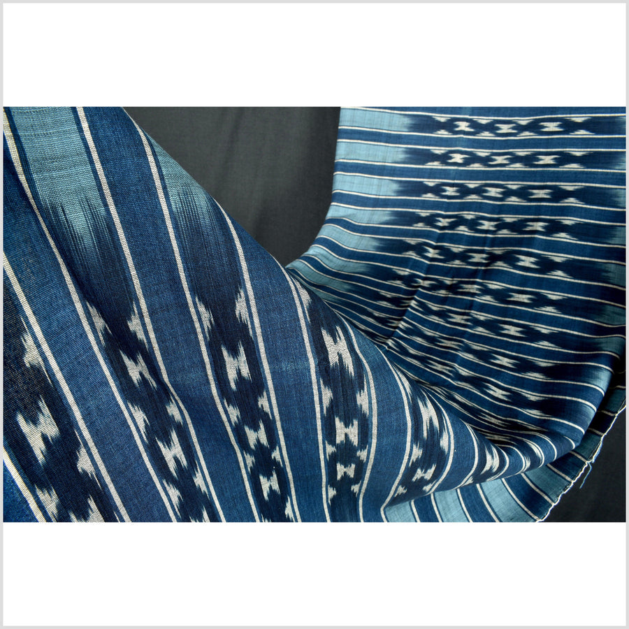 Ikat tribal tapestry, indigo blue, black, gray and light blue stripe pattern runner, Laos Tai Lue boho ethnic home decor, handwoven cotton skirt sarong Asian fabric OB29