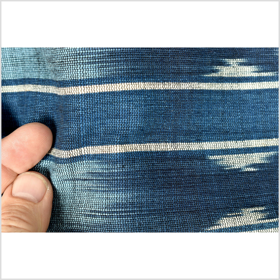 Ikat tribal tapestry, indigo blue, black, gray and light blue stripe pattern runner, Laos Tai Lue boho ethnic home decor, handwoven cotton skirt sarong Asian fabric OB29