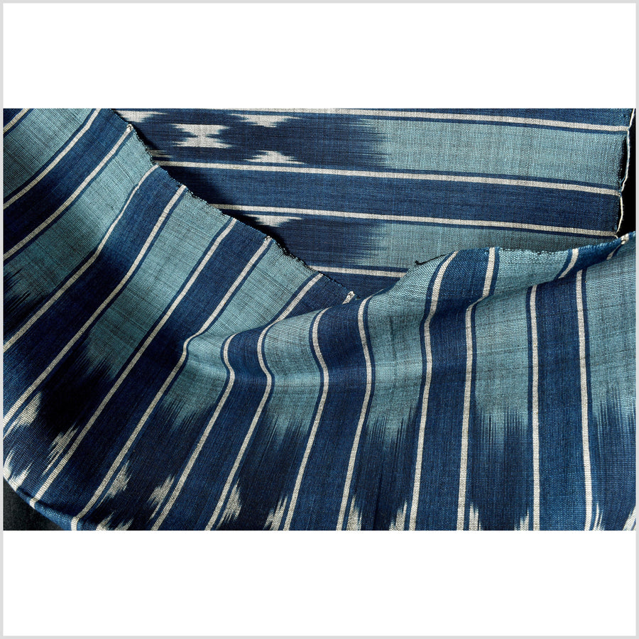 Ikat tribal tapestry, indigo blue, black, gray and light blue stripe pattern runner, Laos Tai Lue boho ethnic home decor, handwoven cotton skirt sarong Asian fabric OB29