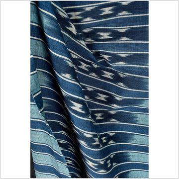 Ikat tribal tapestry, indigo blue, black, gray and light blue stripe pattern runner, Laos Tai Lue boho ethnic home decor, handwoven cotton skirt sarong Asian fabric OB29