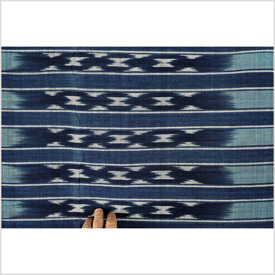 Ikat tribal tapestry, indigo blue, black, gray and light blue stripe pattern runner, Laos Tai Lue boho ethnic home decor, handwoven cotton skirt sarong Asian fabric OB29