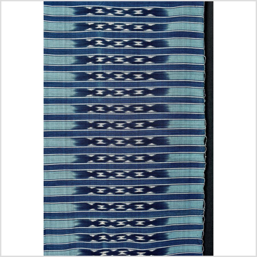 Ikat tribal tapestry, indigo blue, black, gray and light blue stripe pattern runner, Laos Tai Lue boho ethnic home decor, handwoven cotton skirt sarong Asian fabric OB29