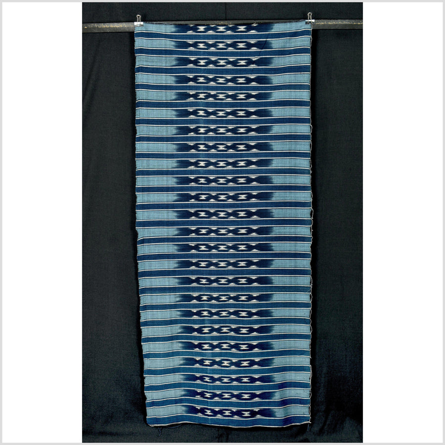 Ikat tribal tapestry, indigo blue, black, gray and light blue stripe pattern runner, Laos Tai Lue boho ethnic home decor, handwoven cotton skirt sarong Asian fabric OB29