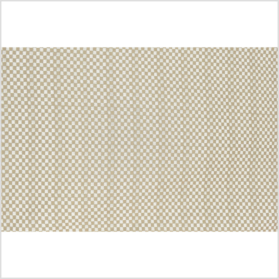Mocha brown cotton fabric, off-white cream checkerboard screen print, bold graphic pattern, Thailand sewing craft, sold by the yard PHA295