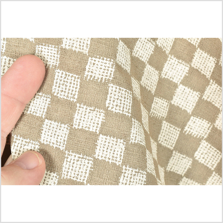 Mocha brown cotton fabric, off-white cream checkerboard screen print, bold graphic pattern, Thailand sewing craft, sold by 10 yards PHA295