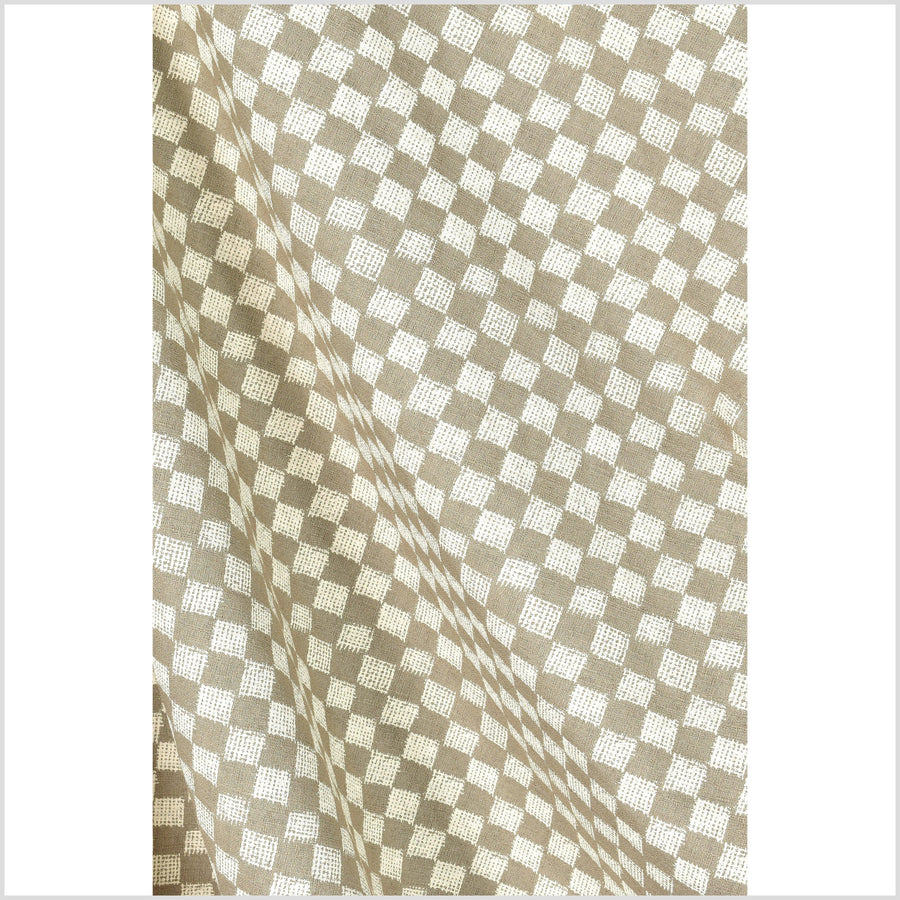 Mocha brown cotton fabric, off-white cream checkerboard screen print, bold graphic pattern, Thailand sewing craft, sold by 10 yards PHA295