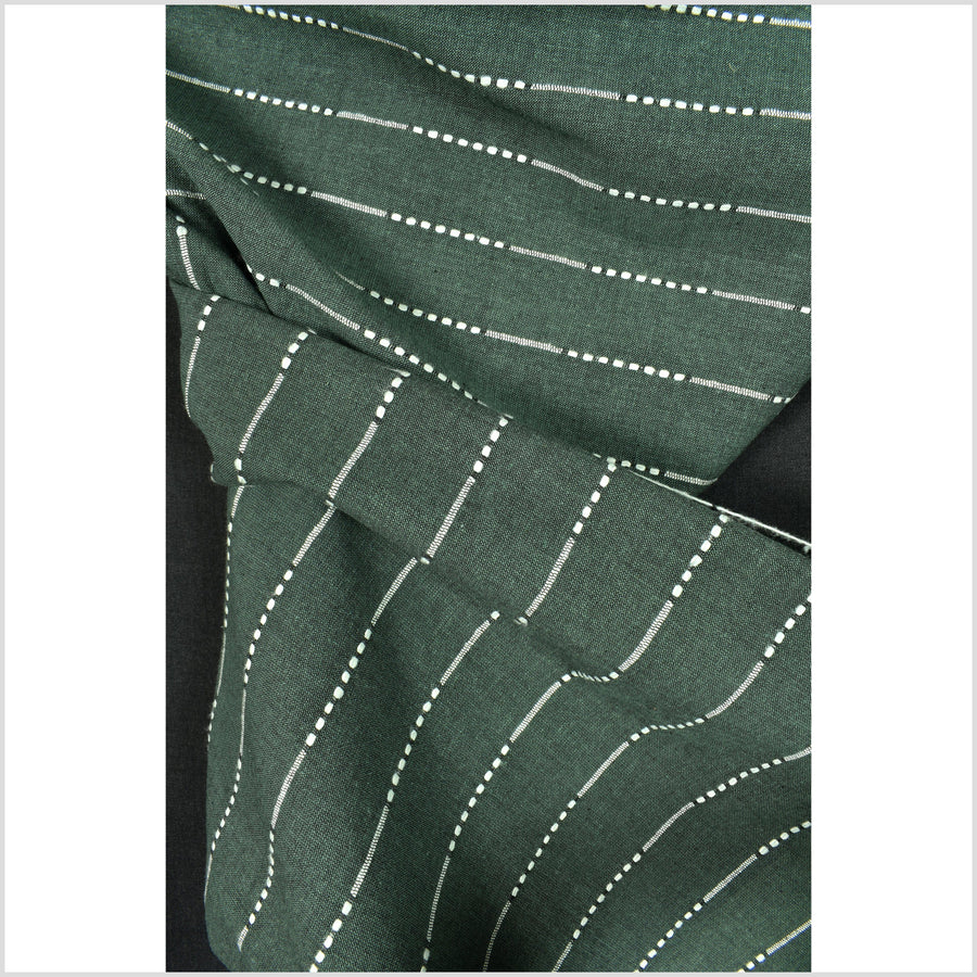 Forest green handwoven cotton fabric with woven off-white striping, light/medium-weight, fabric by the yard PHA357
