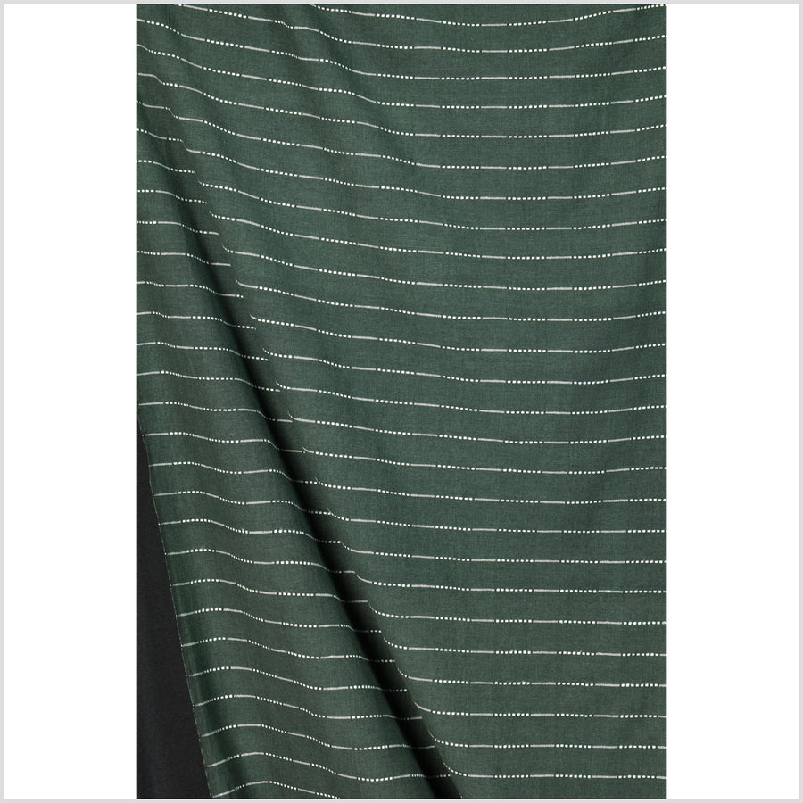 Forest green handwoven cotton fabric with woven off-white striping, light/medium-weight, fabric by the yard PHA357