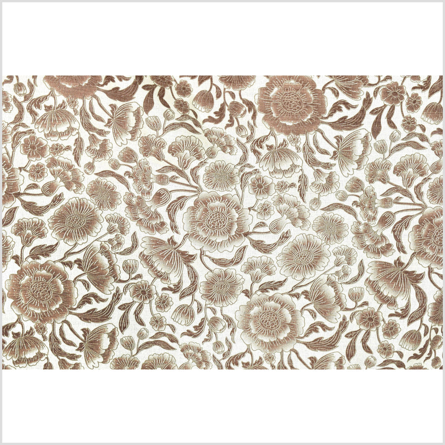 Unbleached cotton flower print fabric, off-white background, brown & gray flower pattern, 46 inch wide, Thailand craft, fabric by 10 yards PHA359