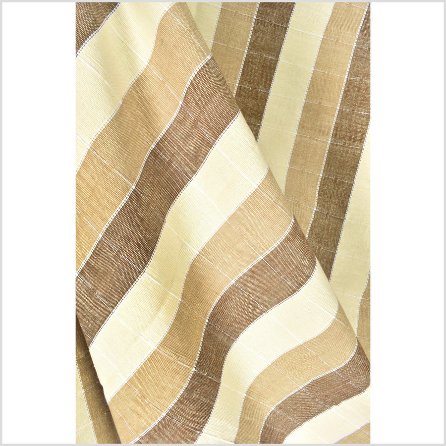 Gorgeous & joyful brown, tan, & yellow banded cotton canvas fabric, white woven pinstripes, 40 inch wide, Thailand craft, fabric 10 yards PHA360