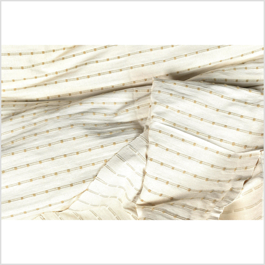 Elegant off-white with tan/pale ocher stitching, neutral minimalist cotton fabric, geometric stripe pattern, unbleached Thai canvas, fabric by the yard, PHA361