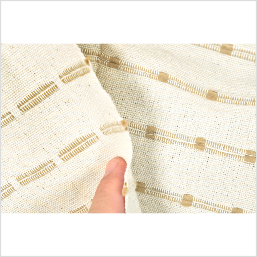 Elegant, off-white with tan/pale ocher stitching, neutral minimalist cotton fabric, geometric stripe pattern, unbleached Thai canvas, fabric by 10 yards, PHA361