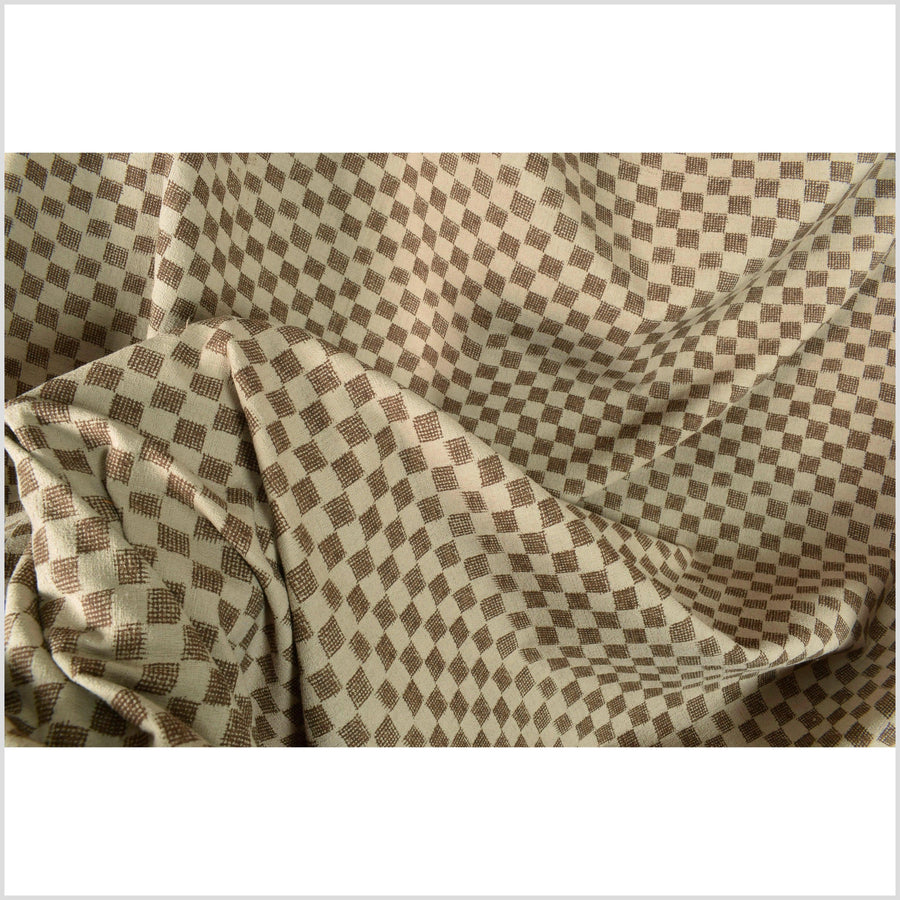 Warm mocha brown cotton fabric, chocolate checkerboard screen print, bold graphic pattern, Thailand sewing craft, sold by the yard PHA363