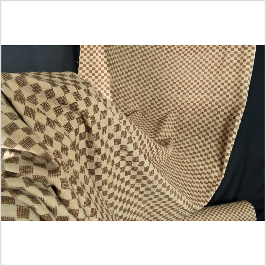 Warm mocha brown cotton fabric, chocolate checkerboard screen print, bold graphic pattern, Thailand sewing craft, sold by 10 yards PHA363