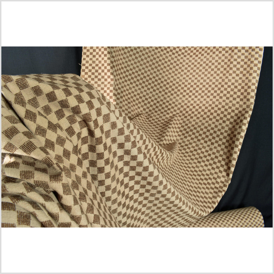 Warm mocha brown cotton fabric, chocolate checkerboard screen print, bold graphic pattern, Thailand sewing craft, sold by the yard PHA363