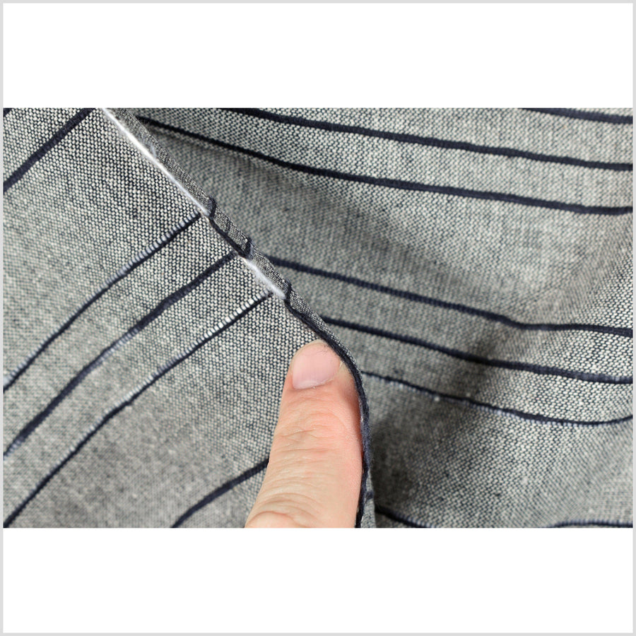 Handwoven cotton fabric, gray with black/gray striping. Natural organic dye, 100% cotton material, medium-weight, per yard PHA364