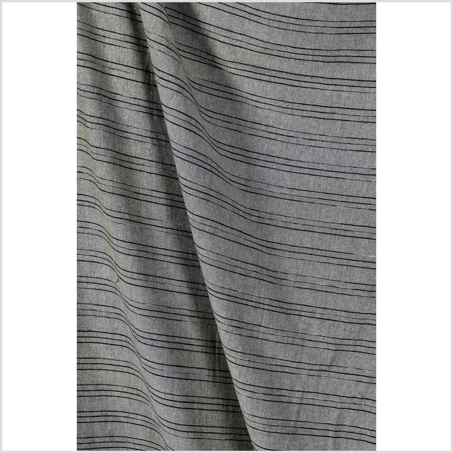 Handwoven cotton fabric, gray with black/gray striping. Natural organic dye, 100% cotton material, medium-weight, per yard PHA364